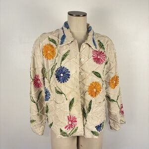 VTG Tantrums Floral Jacket Womens L Embroidered Canvas Trucker Boho Button Front